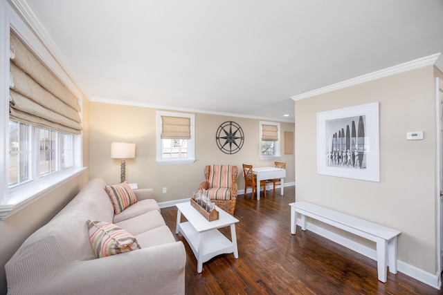 living room with ornamental molding, dark wood-style flooring, and baseboards