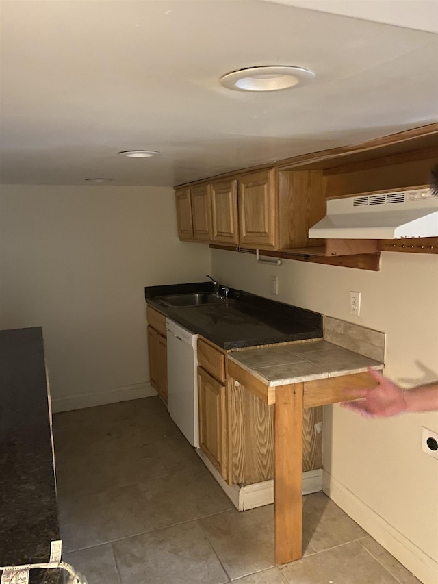 kitchen featuring baseboards, under cabinet range hood, a sink, and white dishwasher