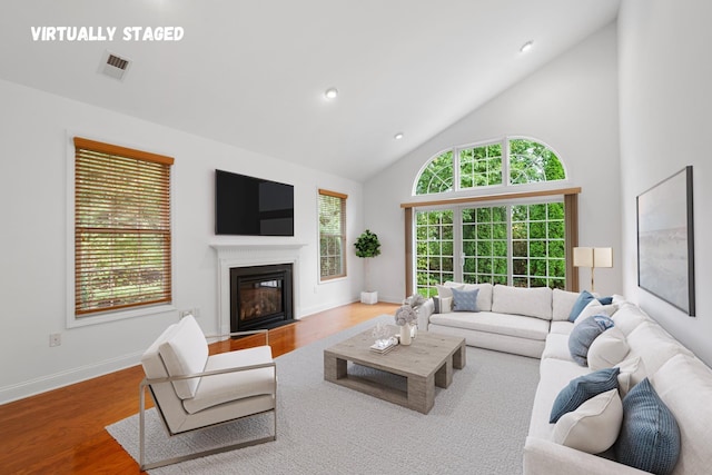 living room with hardwood / wood-style flooring and high vaulted ceiling