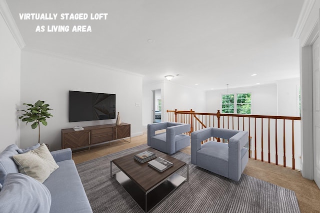 living room with dark carpet and crown molding