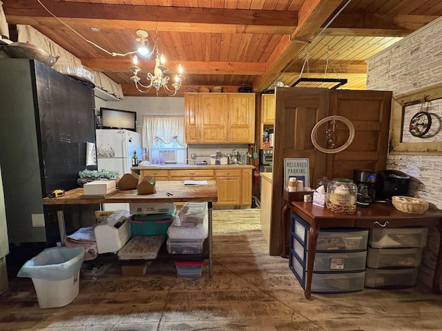 kitchen with wood ceiling, beam ceiling, a notable chandelier, white fridge, and butcher block counters