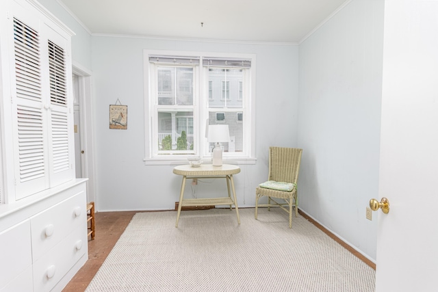 living area featuring crown molding