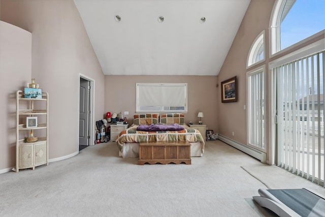 carpeted bedroom featuring high vaulted ceiling, a baseboard radiator, baseboards, and access to exterior