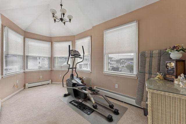 workout room featuring carpet floors, baseboard heating, and a notable chandelier