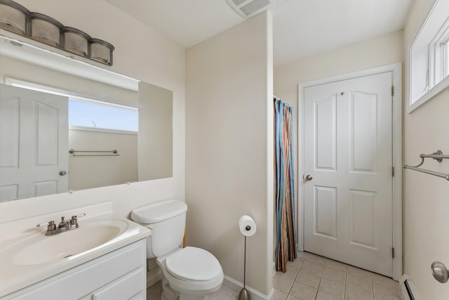full bath featuring tile patterned floors, toilet, visible vents, vanity, and a baseboard radiator