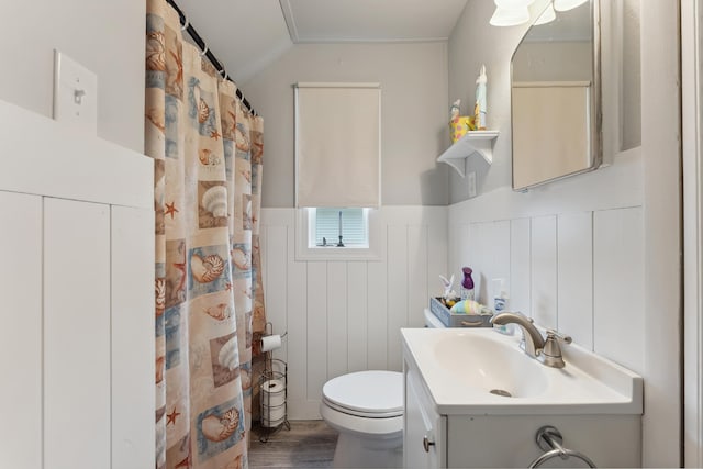 full bathroom with toilet, wainscoting, vaulted ceiling, wood finished floors, and vanity