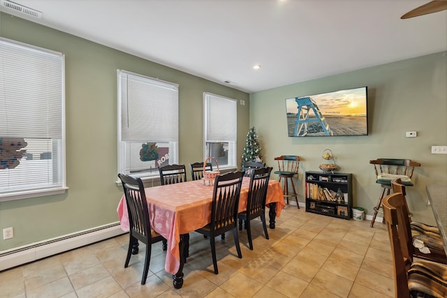 dining room with baseboard heating, visible vents, recessed lighting, and a healthy amount of sunlight