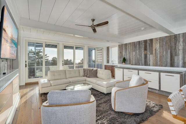 101 Harvard Ave, Cape May Point, NJ 08212 - living room featuring beam ceiling, wooden walls, and light wood-style flooring
