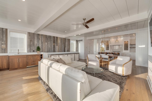 101 Harvard Ave, Cape May Point, NJ 08212 - living room featuring beam ceiling, a ceiling fan, recessed lighting, wooden walls, and light wood finished floors