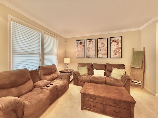 living area featuring baseboards, ornamental molding, and light colored carpet