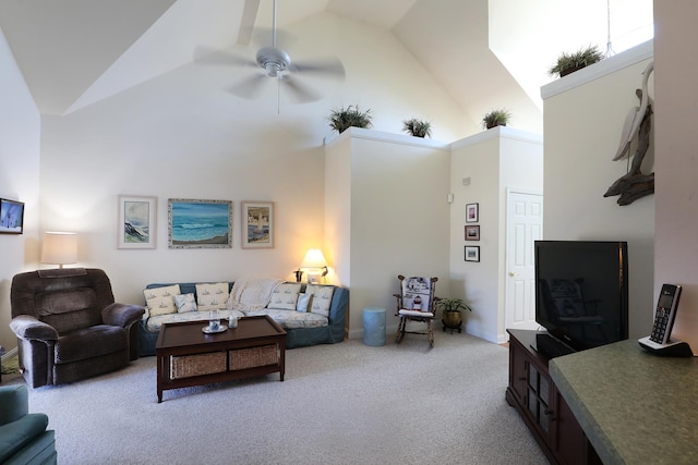 living room featuring high vaulted ceiling, ceiling fan, and carpet