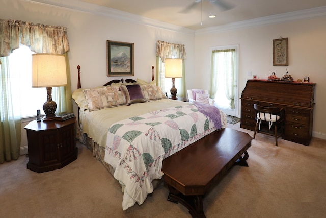 bedroom featuring light colored carpet and ornamental molding