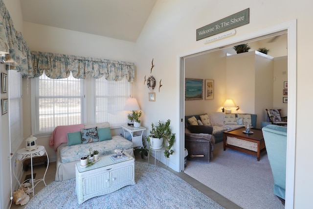 carpeted living room with vaulted ceiling