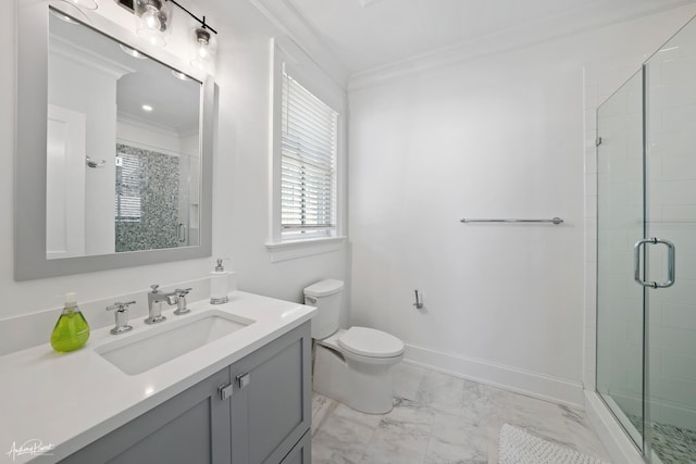 bathroom featuring a shower stall, crown molding, baseboards, toilet, and marble finish floor