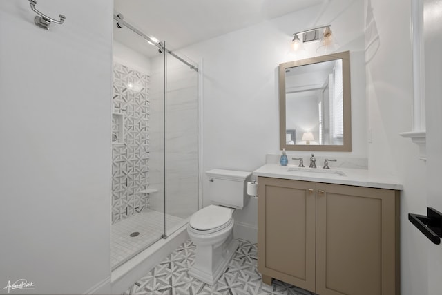 full bath featuring visible vents, a shower stall, toilet, and vanity