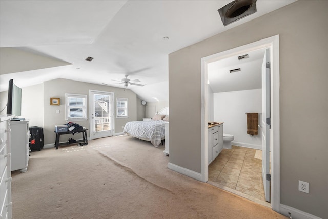 3814 Landis Ave Unit 1, Sea Isle City, NJ 08243 - carpeted bedroom featuring ceiling fan, ensuite bathroom, vaulted ceiling, and access to outside