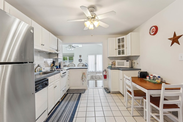 117 W Drumbed Rd, Villas, NJ 08251 - kitchen featuring white appliances, ceiling fan, glass insert cabinets, and white cabinetry