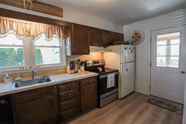 kitchen featuring wood-type flooring, stainless steel electric range, sink, black dishwasher, and dark brown cabinets