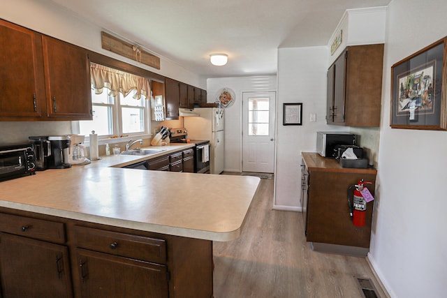 kitchen featuring stainless steel electric stove, sink, light hardwood / wood-style flooring, kitchen peninsula, and dark brown cabinetry