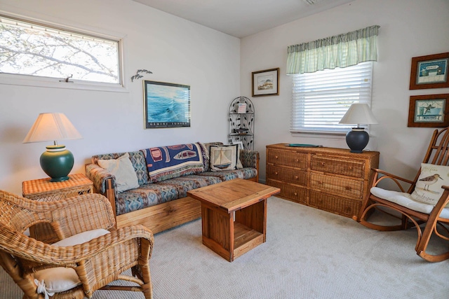 living room featuring light colored carpet