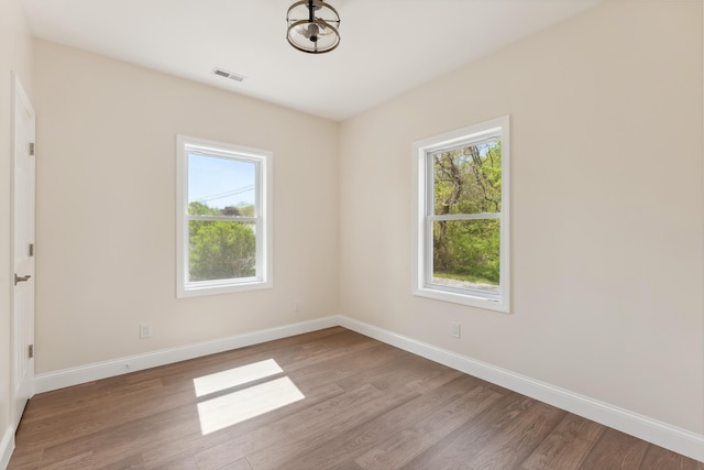 empty room featuring baseboards, wood finished floors, and a wealth of natural light
