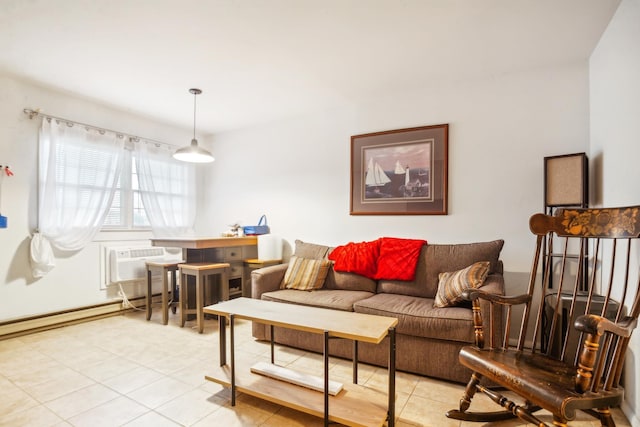 tiled living room featuring baseboard heating