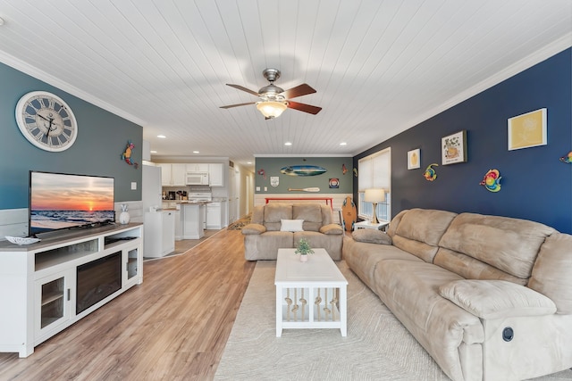 301 E Leaming Ave Unit A, Wildwood, NJ 08260 - living room with crown molding, a ceiling fan, light wood-style flooring, recessed lighting, and wood ceiling