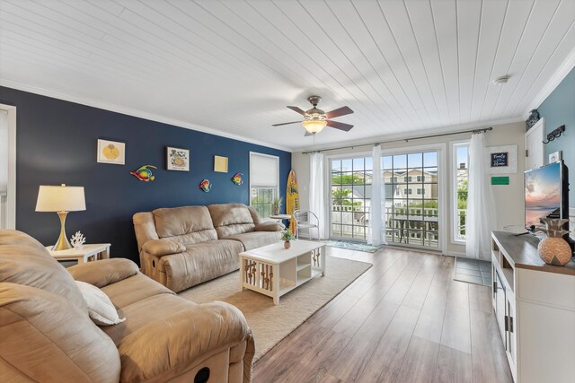 301 E Leaming Ave Unit A, Wildwood, NJ 08260 - living room featuring crown molding, ceiling fan, light wood-style flooring, and wooden ceiling