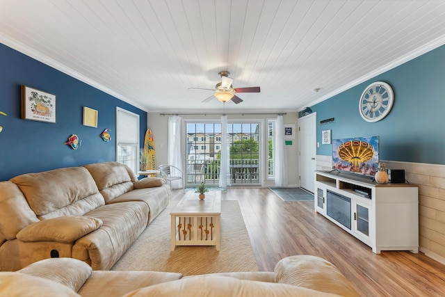 301 E Leaming Ave Unit A, Wildwood, NJ 08260 - living area with crown molding, wood finished floors, a ceiling fan, and wood ceiling