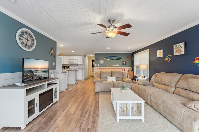 301 E Leaming Ave Unit A, Wildwood, NJ 08260 - living room with crown molding, ceiling fan, light wood-style flooring, wooden ceiling, and recessed lighting