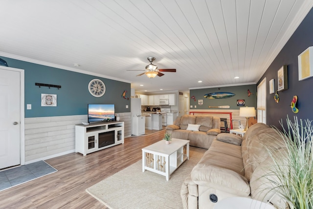 301 E Leaming Ave Unit A, Wildwood, NJ 08260 - living area with wainscoting, a ceiling fan, ornamental molding, light wood-style floors, and recessed lighting