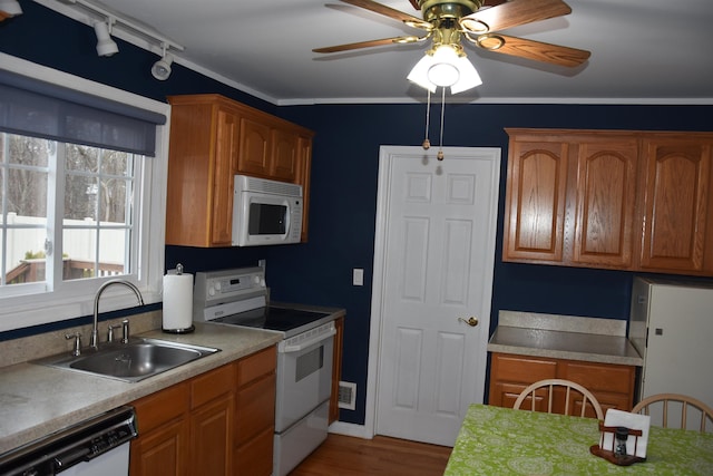 7 Corson Ln, Ocean View, NJ 08230 - kitchen featuring white appliances, a sink, wood finished floors, a ceiling fan, and light countertops