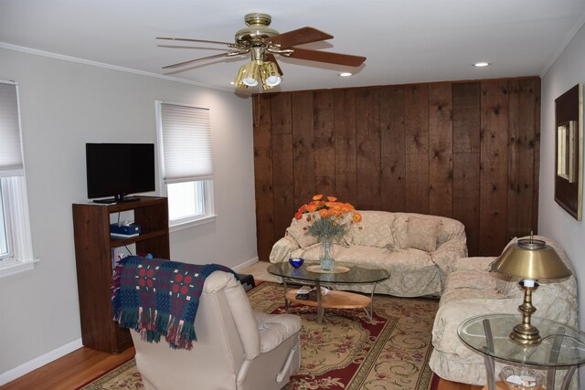 7 Corson Ln, Ocean View, NJ 08230 - living room featuring a ceiling fan, wood finished floors, baseboards, ornamental molding, and recessed lighting