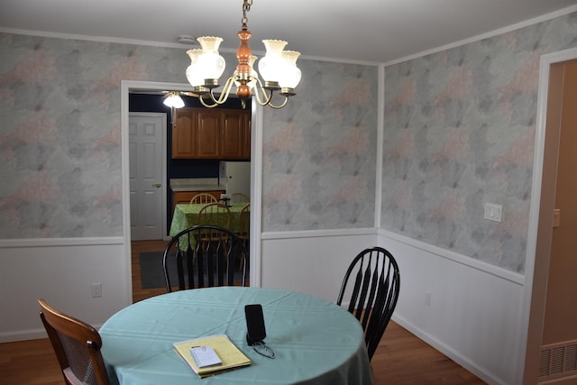 7 Corson Ln, Ocean View, NJ 08230 - dining space with a chandelier, wood finished floors, wainscoting, crown molding, and wallpapered walls