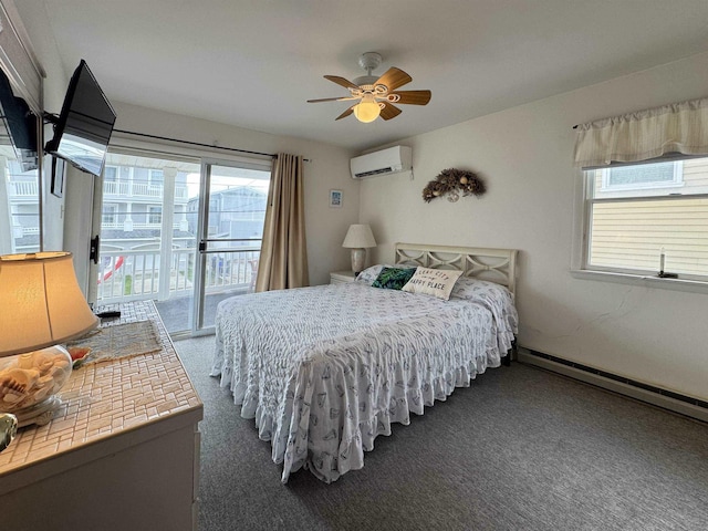 carpeted bedroom with a baseboard heating unit, access to outside, a wall mounted air conditioner, and ceiling fan