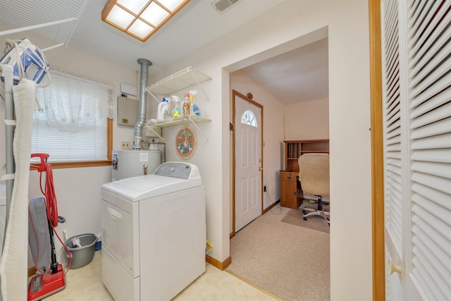 36 W Virginia Ave, Villas, NJ 08251 - laundry room with visible vents, carpet, water heater, laundry area, and washer / dryer