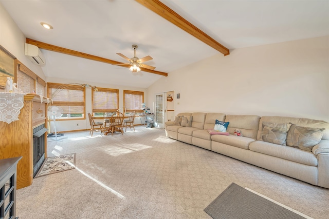 36 W Virginia Ave, Villas, NJ 08251 - carpeted living area with a fireplace with flush hearth, lofted ceiling with beams, baseboards, a ceiling fan, and a wall mounted AC