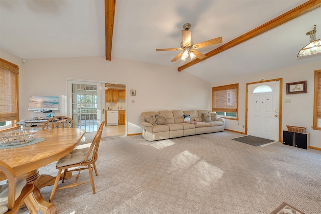 36 W Virginia Ave, Villas, NJ 08251 - living area featuring lofted ceiling with beams, light carpet, ceiling fan, and baseboards