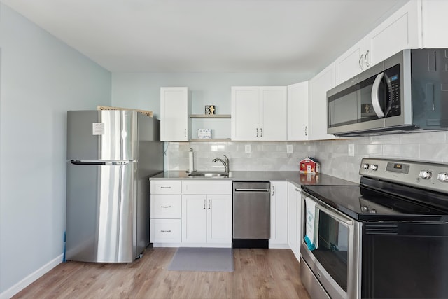 kitchen with white cabinetry, sink, stainless steel appliances, tasteful backsplash, and light wood-type flooring