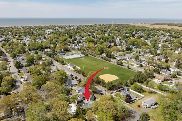 bird's eye view with a water view
