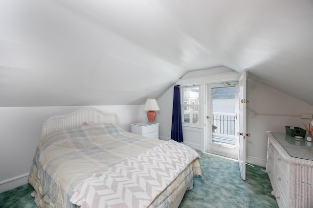 bedroom featuring access to exterior, carpet, vaulted ceiling, and baseboards