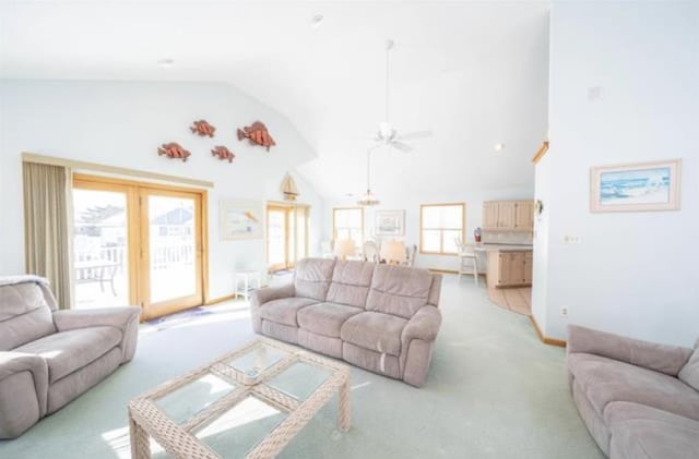 141 8th St, Avalon, NJ 08202 - living room featuring light colored carpet, lofted ceiling, ceiling fan, and french doors