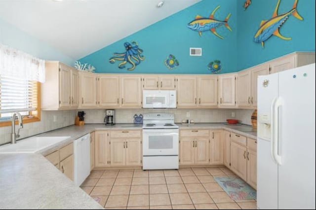 141 8th St, Avalon, NJ 08202 - kitchen with white appliances, decorative backsplash, light countertops, light tile patterned flooring, and high vaulted ceiling