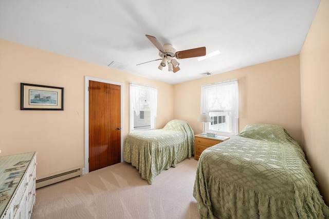 396 95th St, Stone Harbor, NJ 08247 - bedroom featuring a baseboard heating unit, light colored carpet, and ceiling fan