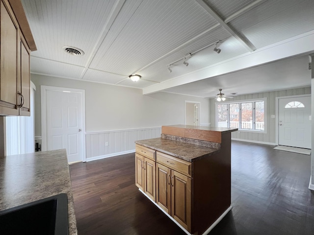 kitchen with ceiling fan, track lighting, dark hardwood / wood-style floors, and a kitchen island