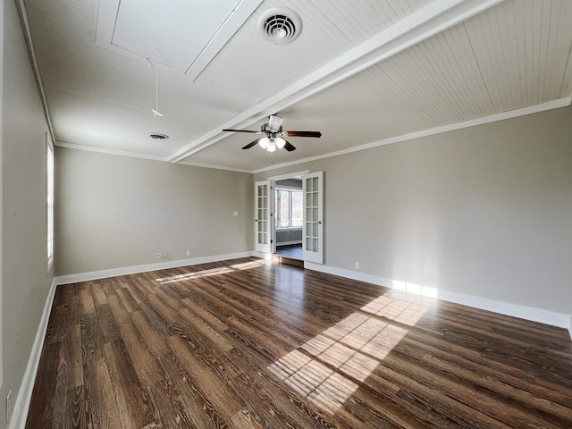 unfurnished room with ornamental molding, ceiling fan, dark hardwood / wood-style flooring, and french doors