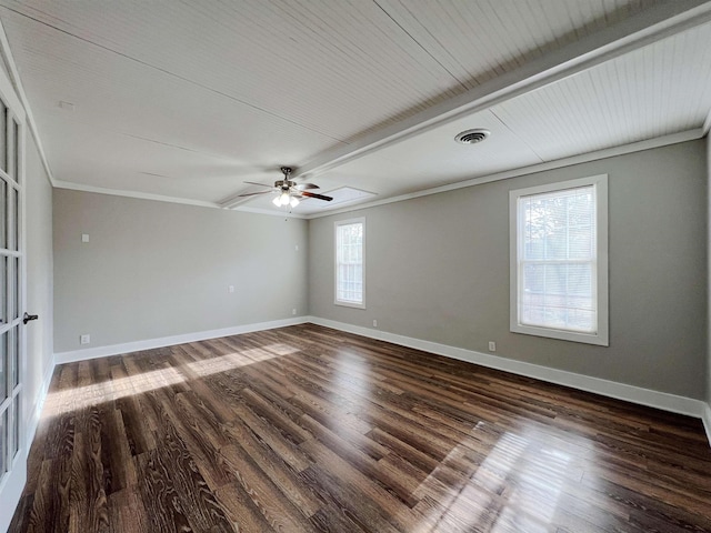 empty room with dark wood-type flooring, ornamental molding, and ceiling fan