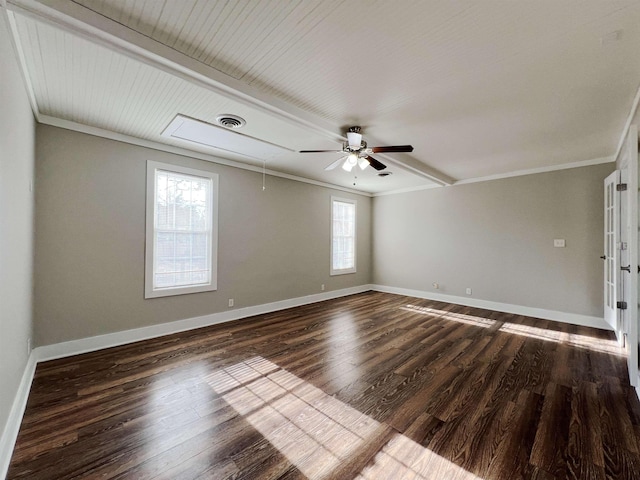 spare room with dark hardwood / wood-style flooring, crown molding, and ceiling fan