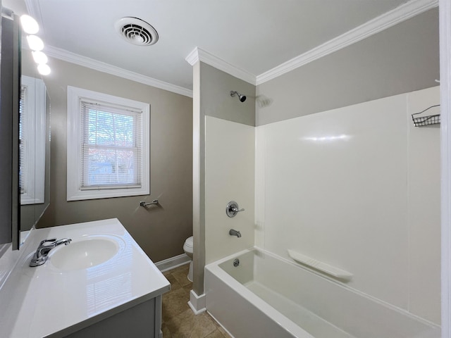 full bathroom featuring shower / bathing tub combination, vanity, ornamental molding, toilet, and tile patterned floors