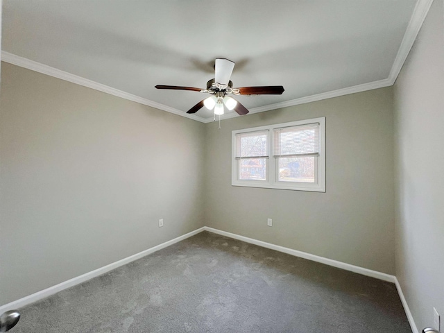 empty room featuring crown molding, ceiling fan, and carpet flooring